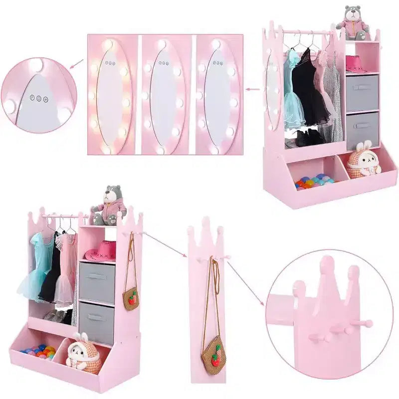 Cintre pour vêtements d'enfant avec miroir lumineux Armoire de rangement pour robe de fille et bac de rangement