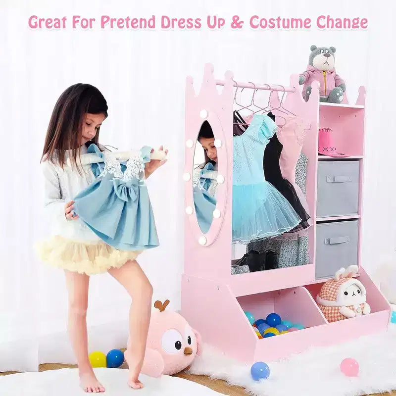 Cintre pour vêtements d'enfant avec miroir lumineux Armoire de rangement pour robe de fille et bac de rangement