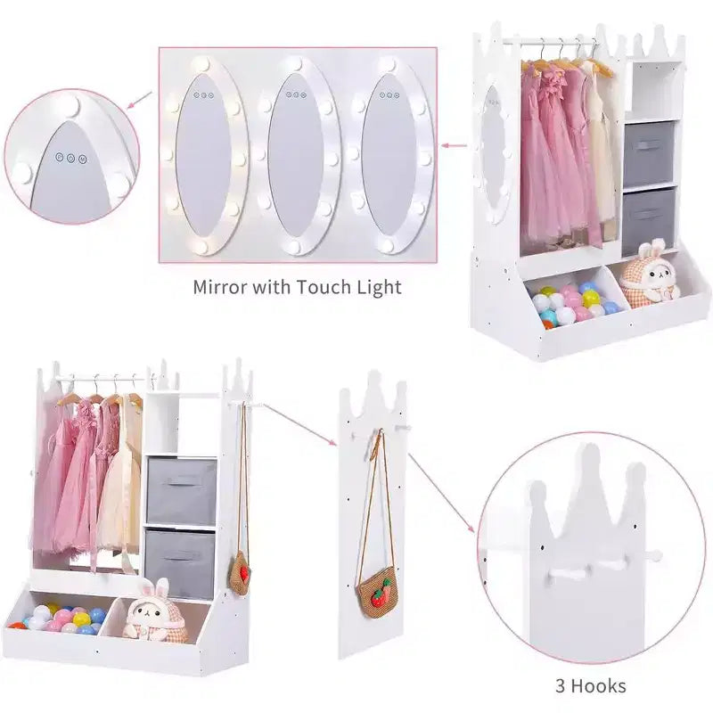 Cintre pour vêtements d'enfant avec miroir lumineux Armoire de rangement pour robe de fille et bac de rangement