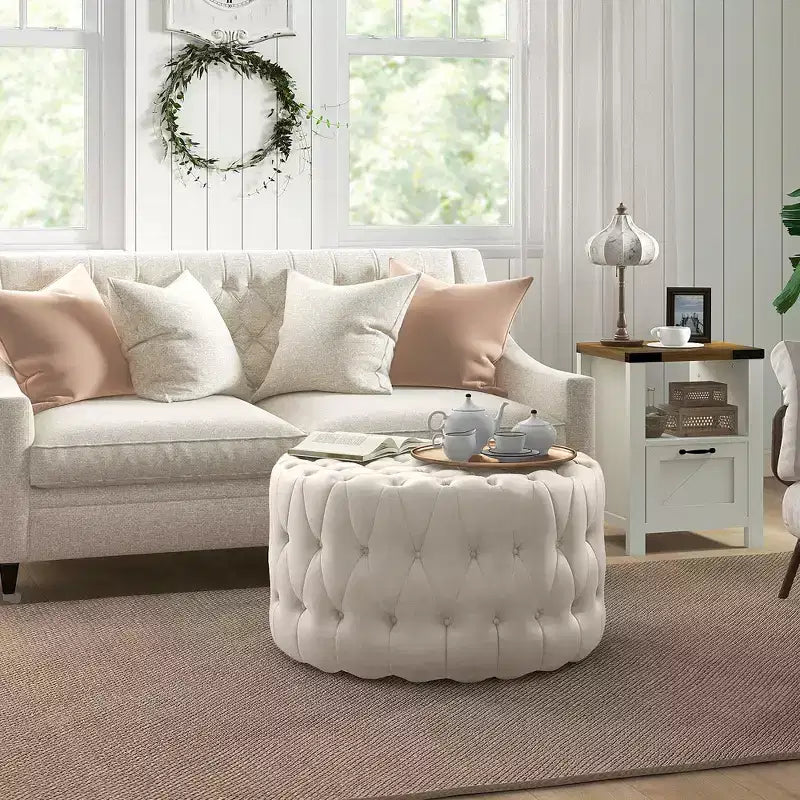 HOMCOM Pouf capitonné, Repose-pieds rembourré en velours, Table basse d'appoint ronde pour Salon, Chambre à coucher