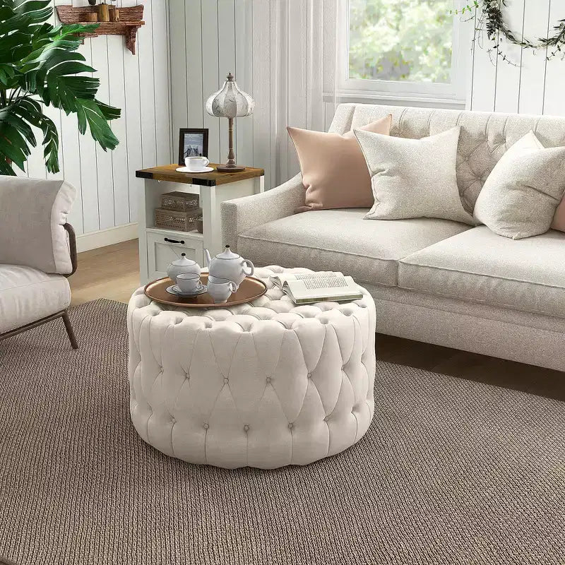 HOMCOM Pouf capitonné, Repose-pieds rembourré en velours, Table basse d'appoint ronde pour Salon, Chambre à coucher