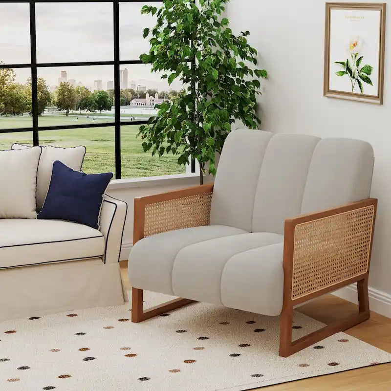 Fauteuils d'appoint en rotin, chaise en rotin naturel rembourrée, fauteuil en lin de style moderne du milieu du siècle, chaises d'appoint pour salon et chambre