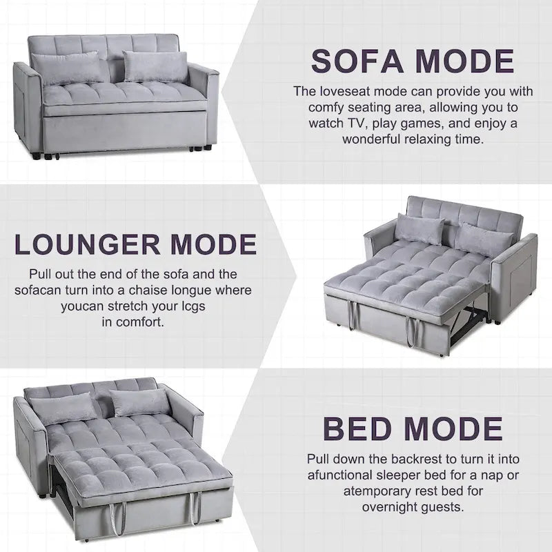 Causeuse futon moderne en velours avec dossier inclinable et poches, 2 places — Gris foncé / Gris clair / Bleu / Noir