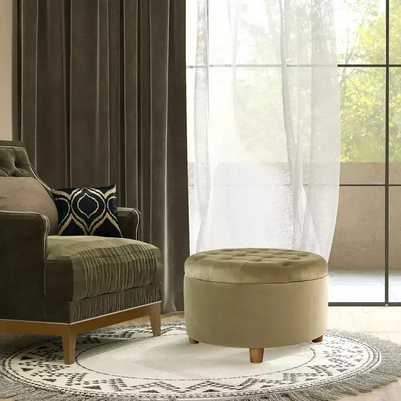 Pouf de rangement rond touffeté en velours - HomePop