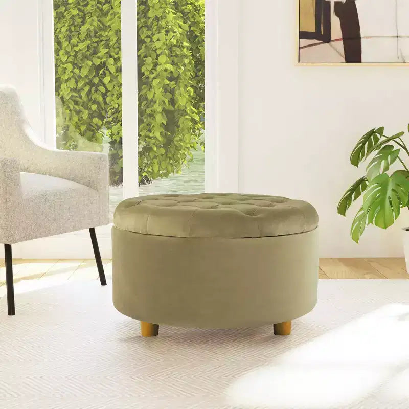 Pouf de rangement rond touffeté en velours - HomePop