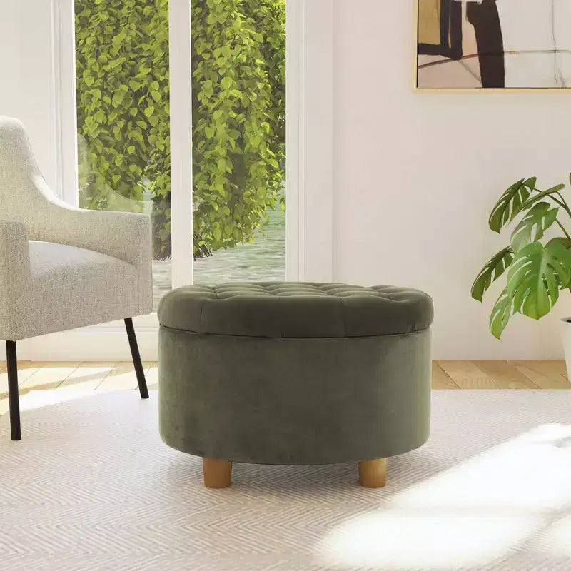 Pouf de rangement rond touffeté en velours - HomePop
