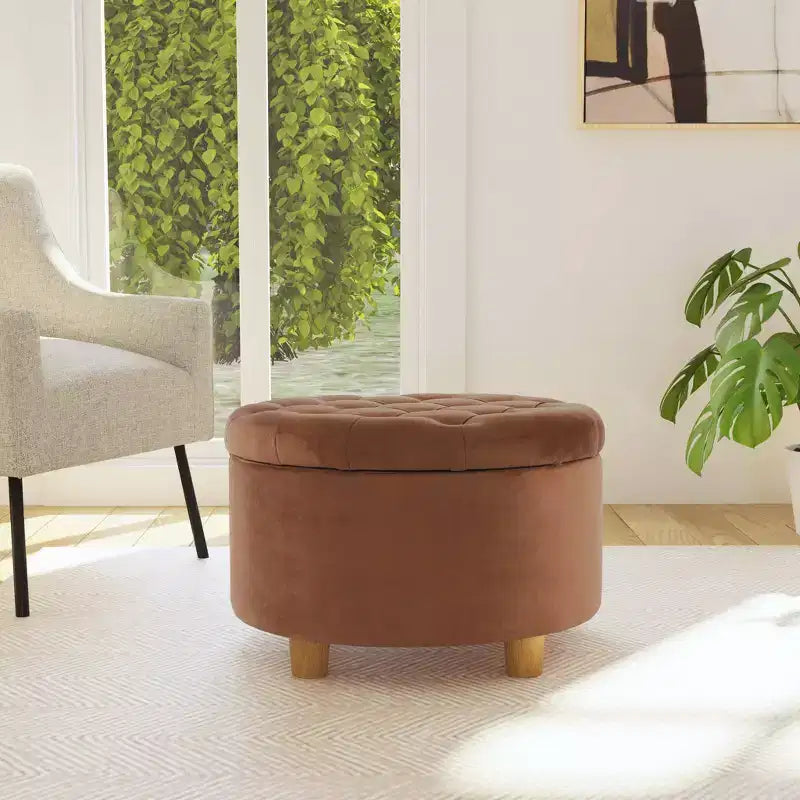 Pouf de rangement rond touffeté en velours - HomePop