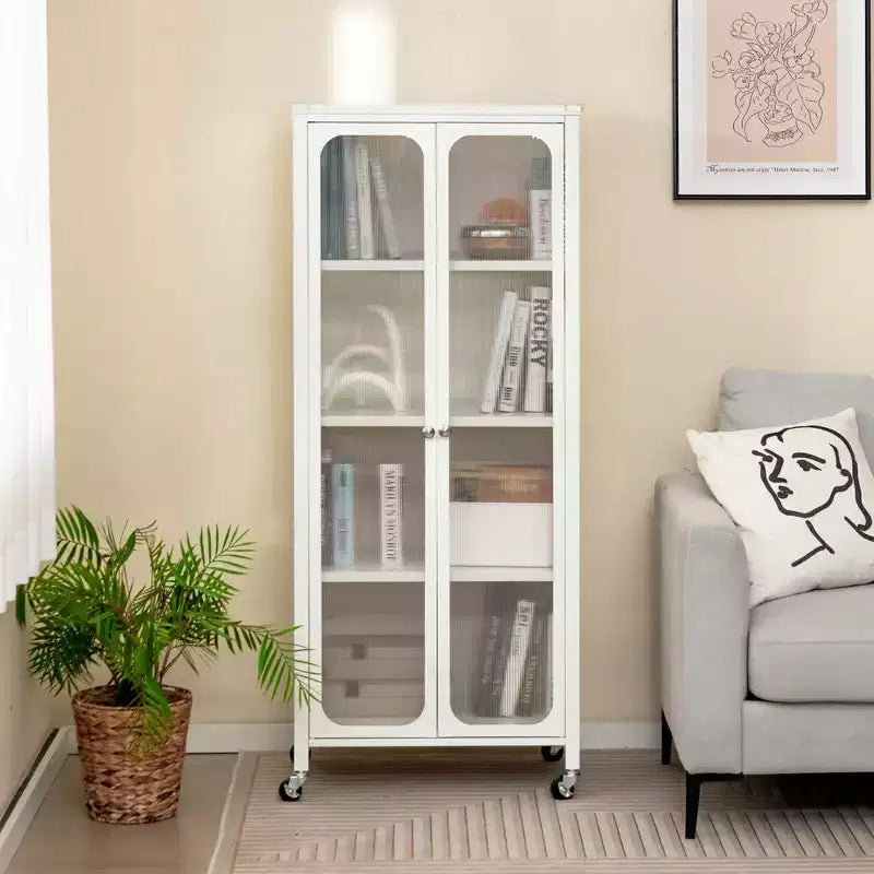 Armoire de rangement Costway avec roulettes et 2 portes translucides, étagères réglables, buffet 24 x 14,5 x 58