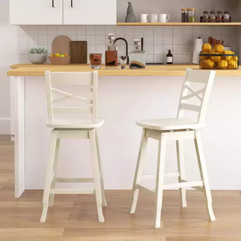 Costway Lot de 2 tabourets de bar pivotants en bois d'hévéa avec dossier incliné, hauteur 61/76 cm, crème