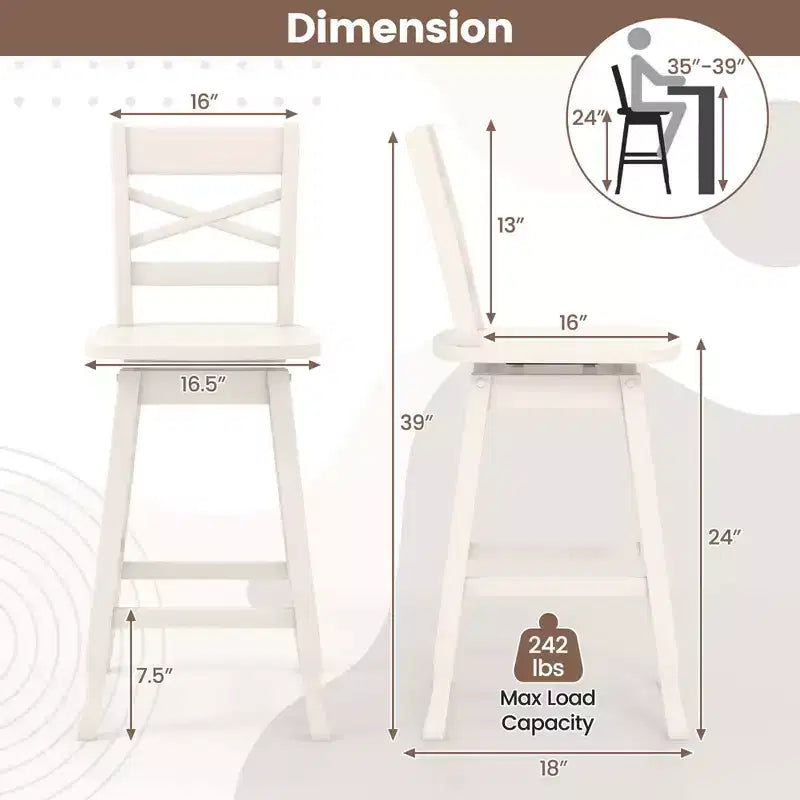 Costway Lot de 2 tabourets de bar pivotants en bois d'hévéa avec dossier incliné, hauteur 61/76 cm, crème
