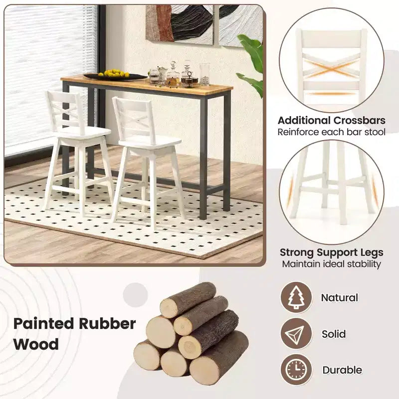 Costway Lot de 2 tabourets de bar pivotants en bois d'hévéa avec dossier incliné, hauteur 61/76 cm, crème