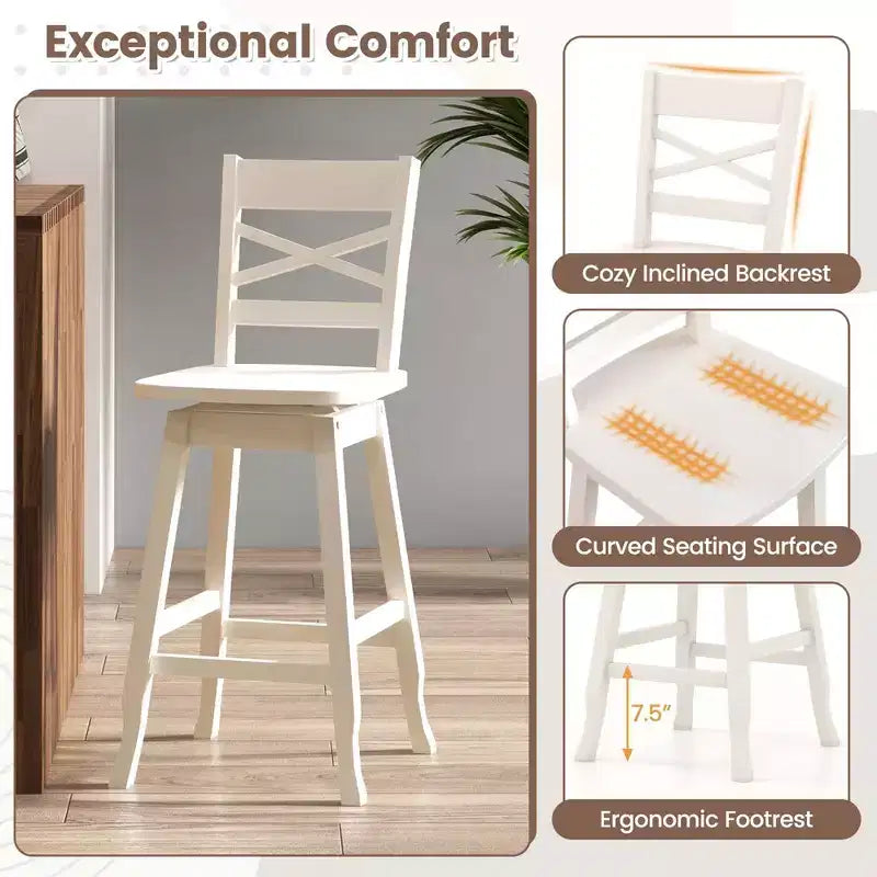 Costway Lot de 2 tabourets de bar pivotants en bois d'hévéa avec dossier incliné, hauteur 61/76 cm, crème