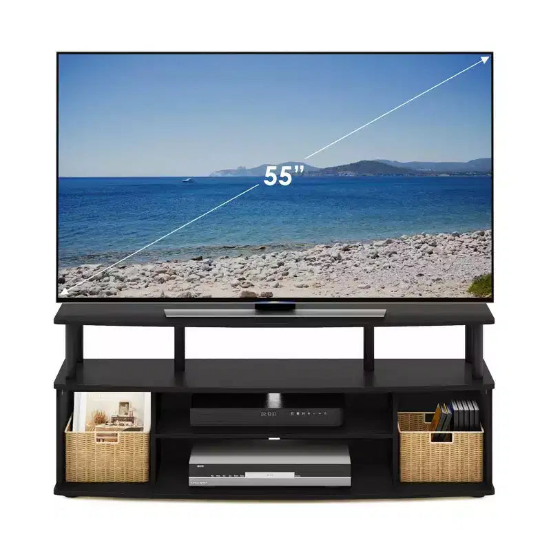 Meuble TV moderne Furinno Grand centre de divertissement Peut contenir une télévision jusqu'à 55 pouces avec étagères de rangement ouvertes en bois noir