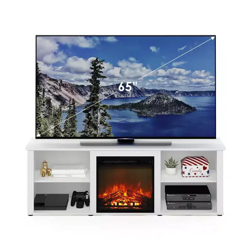 Furinno Classic Meuble TV Console de divertissement avec cheminée électrique 18" pour TV jusqu'à 70", blanc massif
