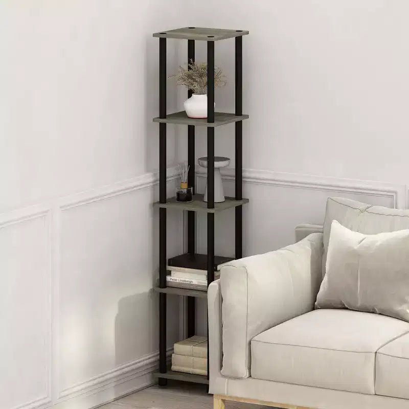 Furinno 5-Tier Corner Square Bookshelf Anti-Tipping Display Rack Shelf for Bathroom&Closet&Home Office&Living Room&Kitchen,French Oak/Black