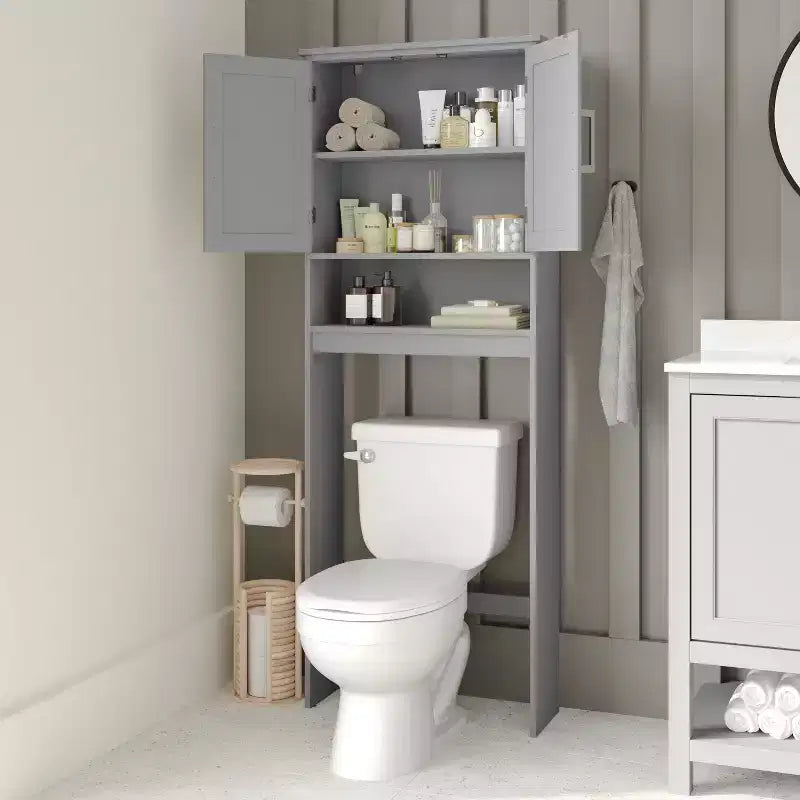 Meuble de rangement de salle de bain Emma and Oliver à placer au-dessus des toilettes, avec étagère réglable à l'intérieur, étagère inférieure ouverte et portes à fermeture magnétique double