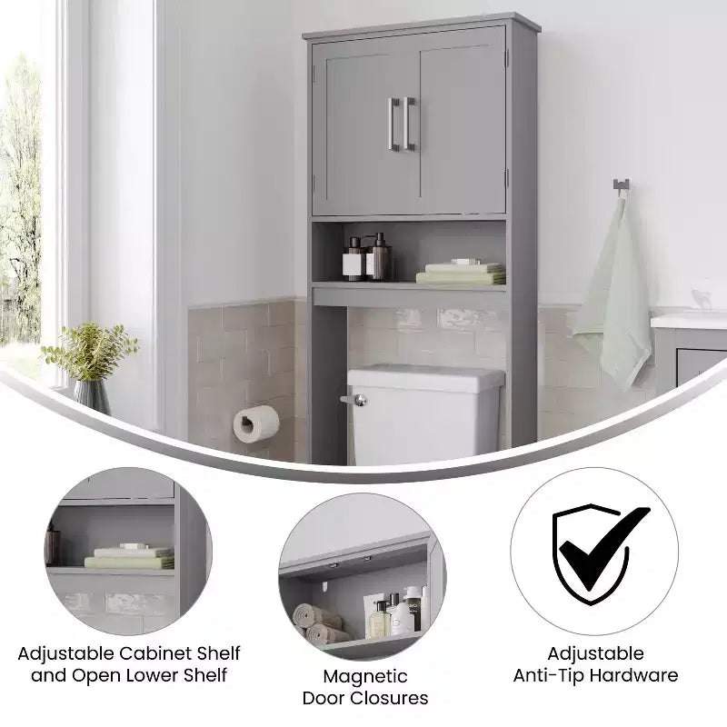 Meuble de rangement de salle de bain Emma and Oliver à placer au-dessus des toilettes, avec étagère réglable à l'intérieur, étagère inférieure ouverte et portes à fermeture magnétique double