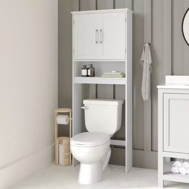 Meuble de rangement de salle de bain Emma and Oliver à placer au-dessus des toilettes, avec étagère réglable à l'intérieur, étagère inférieure ouverte et portes à fermeture magnétique double