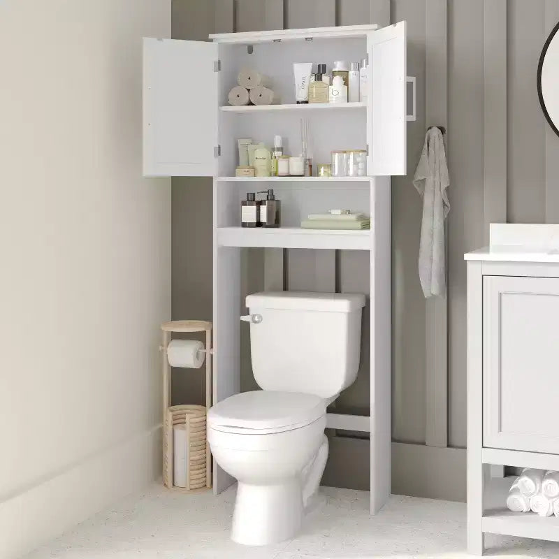 Meuble de rangement de salle de bain Emma and Oliver à placer au-dessus des toilettes, avec étagère réglable à l'intérieur, étagère inférieure ouverte et portes à fermeture magnétique double