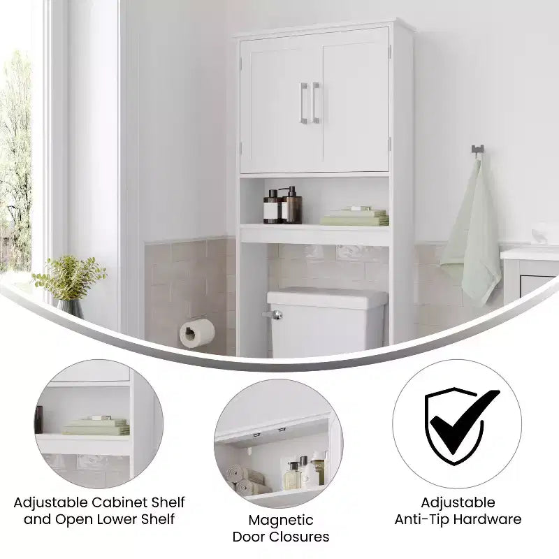 Meuble de rangement de salle de bain Emma and Oliver à placer au-dessus des toilettes, avec étagère réglable à l'intérieur, étagère inférieure ouverte et portes à fermeture magnétique double
