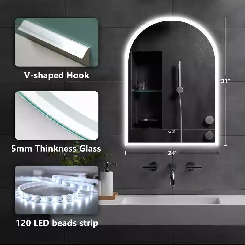Miroir Mural LED Dovelina avec Anti-buée, Miroir de Maquillage Moderne Cintrée pour Salle de Bain