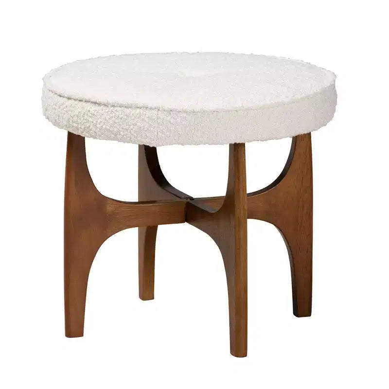 Baxton Studio Theo Pouf Repose-pieds Japandi en Tissu Bouclé Crème et Bois d'Hévéa Finition Noyer
