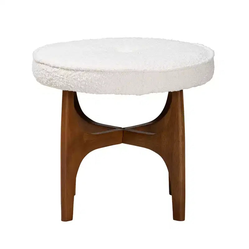 Baxton Studio Theo Pouf Repose-pieds Japandi en Tissu Bouclé Crème et Bois d'Hévéa Finition Noyer