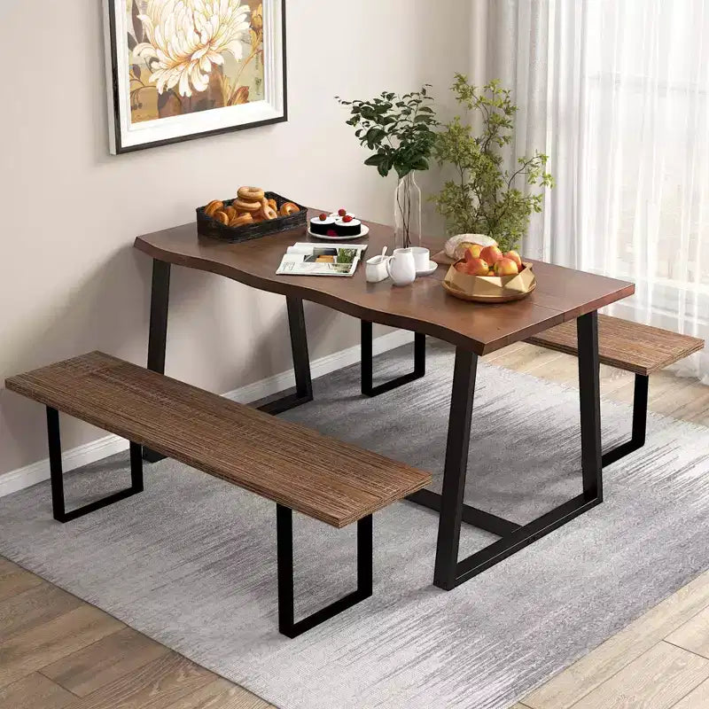 Costway Grande table à manger 63 po pour 4 à 6 personnes avec bord ondulé et cadre en métal robuste Café/Noir