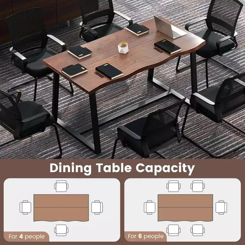 Costway Grande table à manger 63 po pour 4 à 6 personnes avec bord ondulé et cadre en métal robuste Café/Noir