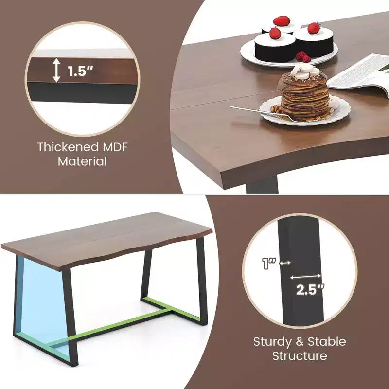 Costway Grande table à manger 63 po pour 4 à 6 personnes avec bord ondulé et cadre en métal robuste Café/Noir