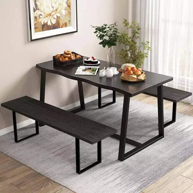 Costway Grande table à manger 63 po pour 4 à 6 personnes avec bord ondulé et cadre en métal robuste Café/Noir
