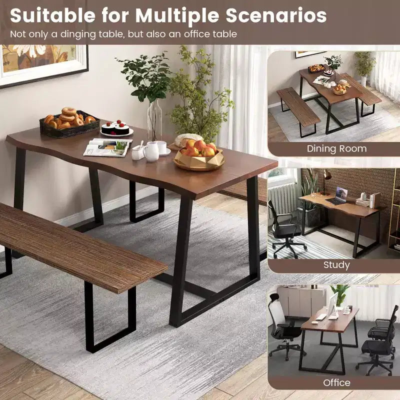 Costway Grande table à manger 63 po pour 4 à 6 personnes avec bord ondulé et cadre en métal robuste Café/Noir