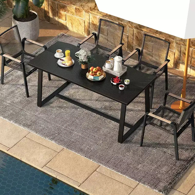 Costway Grande table à manger 63 po pour 4 à 6 personnes avec bord ondulé et cadre en métal robuste Café/Noir