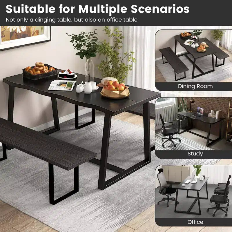 Costway Grande table à manger 63 po pour 4 à 6 personnes avec bord ondulé et cadre en métal robuste Café/Noir