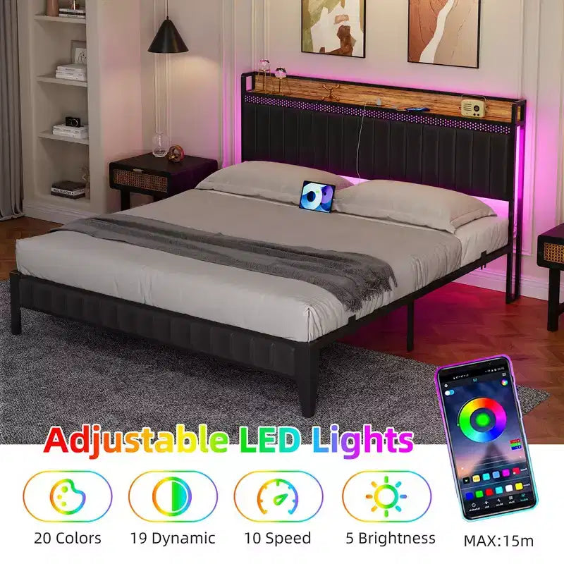 Cadre de lit tapissé avec station de charge et lumières LED
