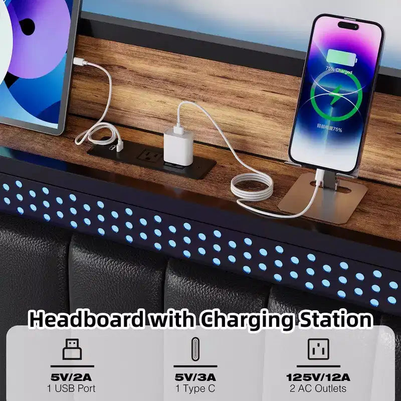 Cadre de lit tapissé avec station de charge et lumières LED
