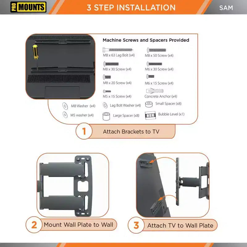 Support mural TV Promounts orientable pour téléviseurs de 30 à 65 po jusqu'à 80 lb