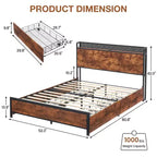 Lit double/grand lit avec cadre de rangement et station de charge, lit LED avec tête de lit de rangement, lit plateforme avec lattes en bois robustes