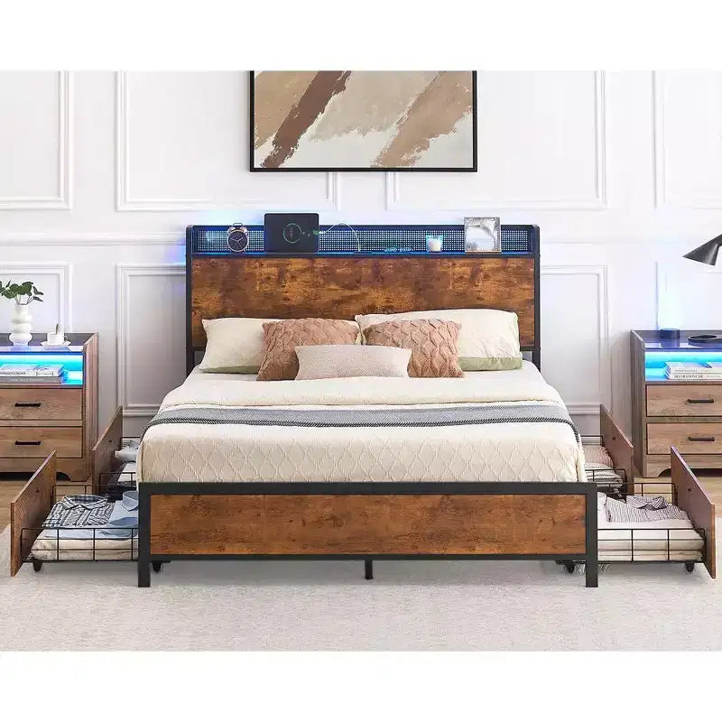 Lit double/grand lit avec cadre de rangement et station de charge, lit LED avec tête de lit de rangement, lit plateforme avec lattes en bois robustes