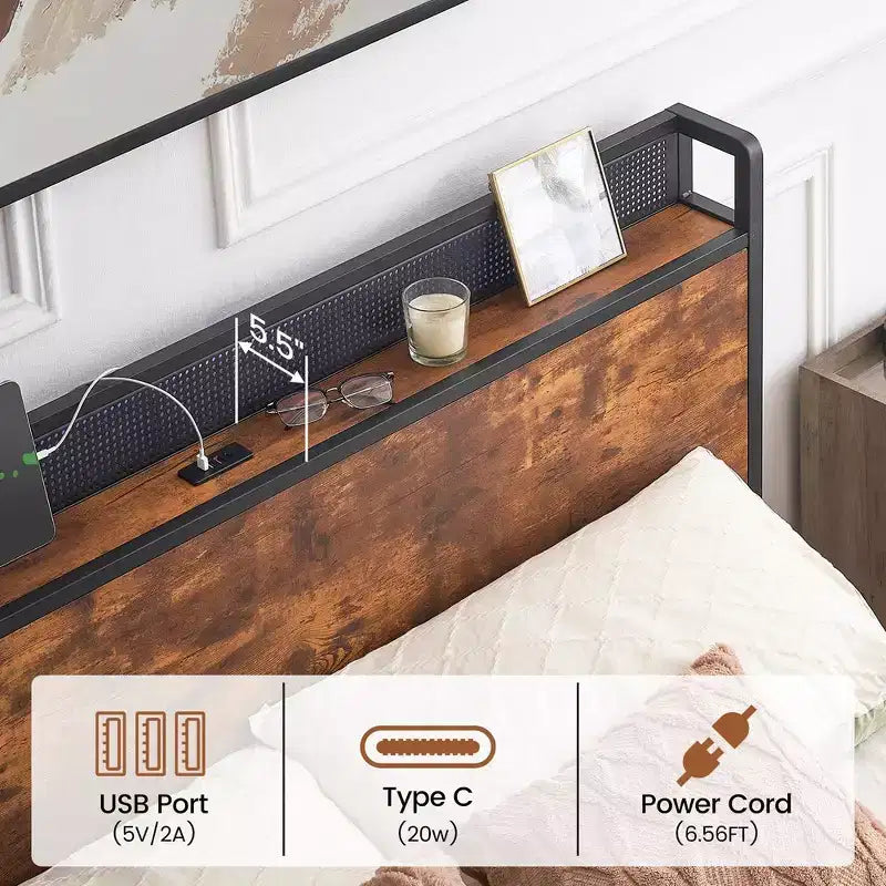 Lit double/grand lit avec cadre de rangement et station de charge, lit LED avec tête de lit de rangement, lit plateforme avec lattes en bois robustes