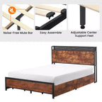 Lit double/grand lit avec cadre de rangement et station de charge, lit LED avec tête de lit de rangement, lit plateforme avec lattes en bois robustes