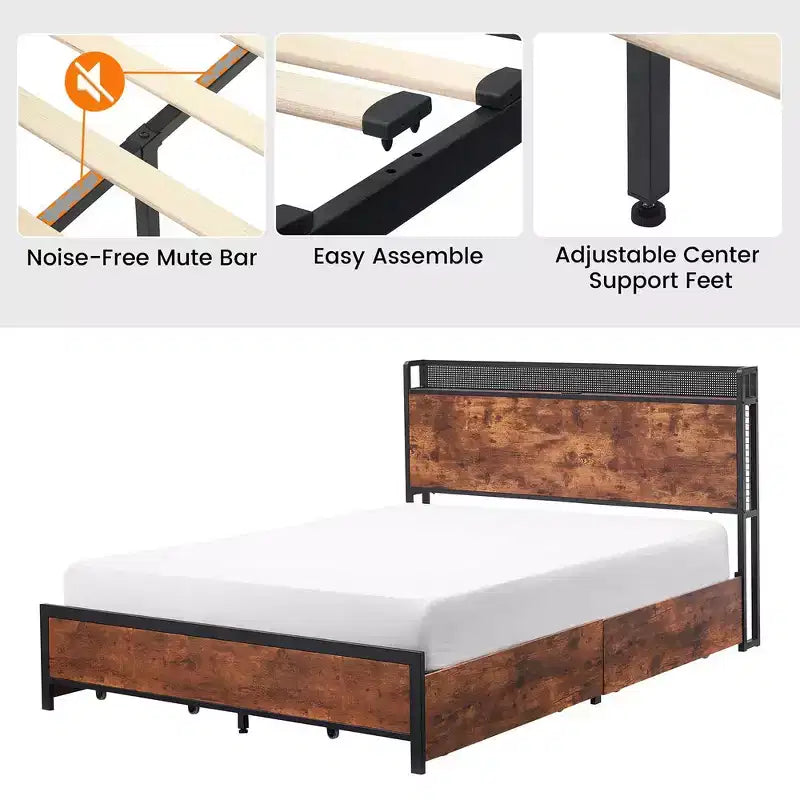 Lit double/grand lit avec cadre de rangement et station de charge, lit LED avec tête de lit de rangement, lit plateforme avec lattes en bois robustes
