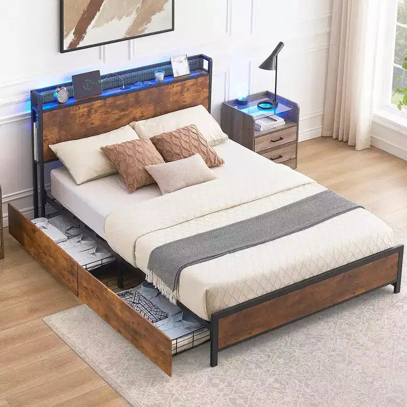 Lit double/grand lit avec cadre de rangement et station de charge, lit LED avec tête de lit de rangement, lit plateforme avec lattes en bois robustes