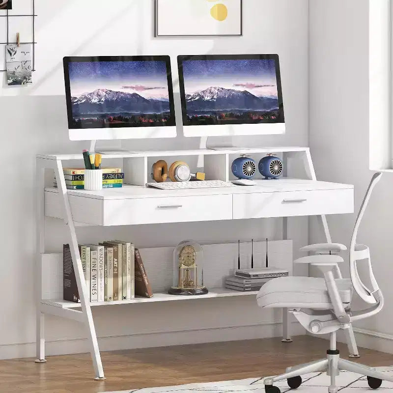 Bureau d'ordinateur Lantine Modern 47 avec étagère de rangement et tiroirs, table d'étude de bureau avec support d'écran pour bureau à domicile