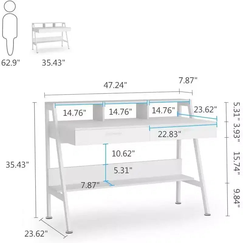 Bureau d'ordinateur Lantine Modern 47 avec étagère de rangement et tiroirs, table d'étude de bureau avec support d'écran pour bureau à domicile