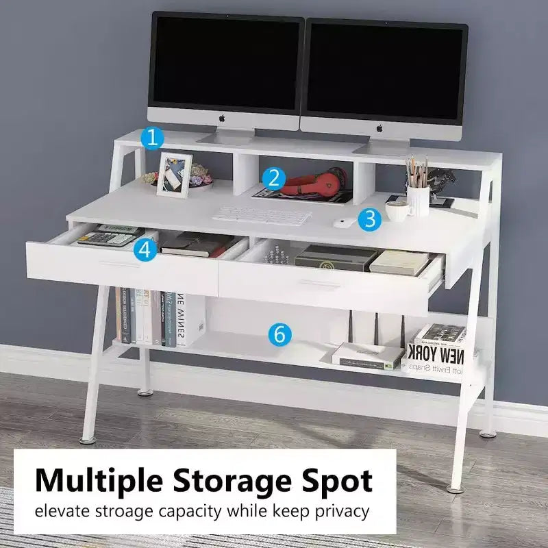 Bureau d'ordinateur Lantine Modern 47 avec étagère de rangement et tiroirs, table d'étude de bureau avec support d'écran pour bureau à domicile