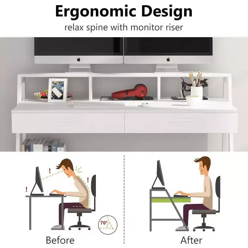 Bureau d'ordinateur Lantine Modern 47 avec étagère de rangement et tiroirs, table d'étude de bureau avec support d'écran pour bureau à domicile