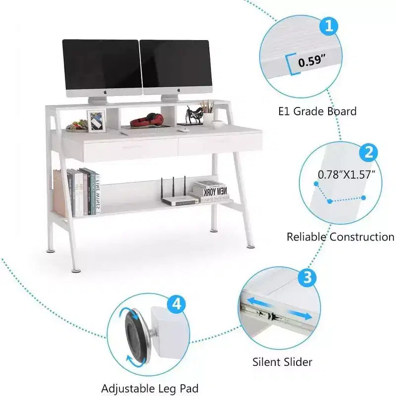 Bureau d'ordinateur Lantine Modern 47 avec étagère de rangement et tiroirs, table d'étude de bureau avec support d'écran pour bureau à domicile
