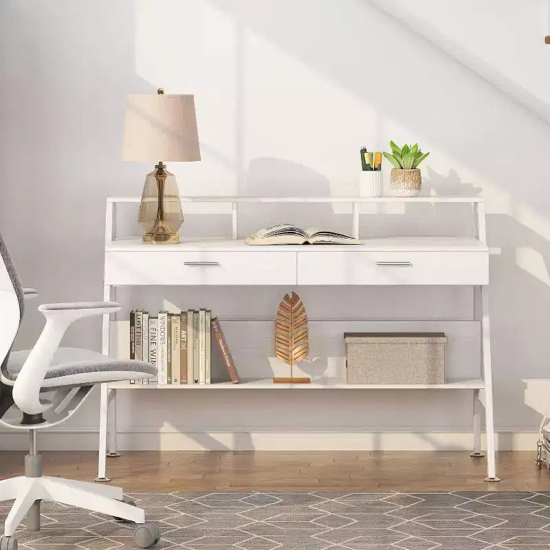Bureau d'ordinateur Lantine Modern 47 avec étagère de rangement et tiroirs, table d'étude de bureau avec support d'écran pour bureau à domicile