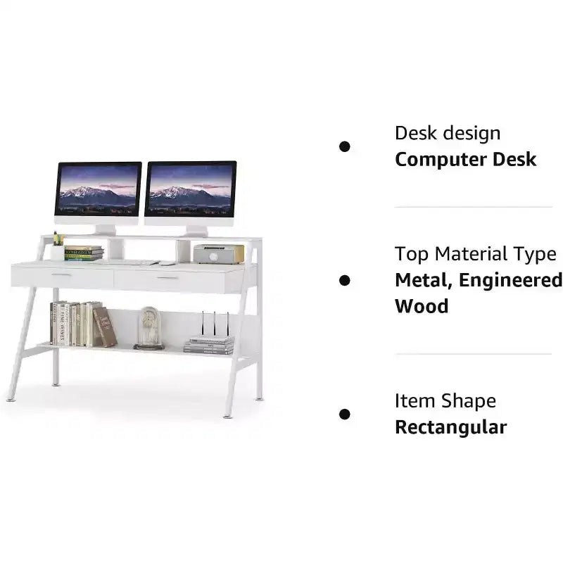 Bureau d'ordinateur Lantine Modern 47 avec étagère de rangement et tiroirs, table d'étude de bureau avec support d'écran pour bureau à domicile